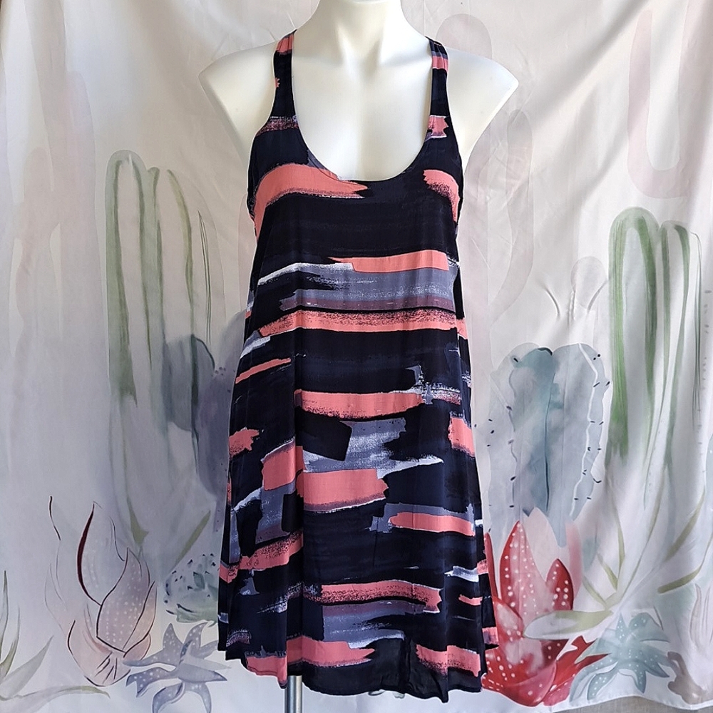 Nwt Splendid A-Line Dress Navy Blue Peach Abstract brushstroke beachy Casual
